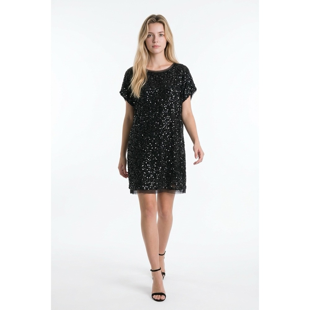 Armani Collezioni Black Sequin Shift Dress Womens 8 Cocktail Evening Cap Sleeve